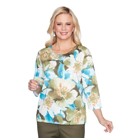 Alfred Dunner Plus Park Place Womens Crew Neck Long Sleeve Floral Pullover Sweater. . Alfred dunner tops